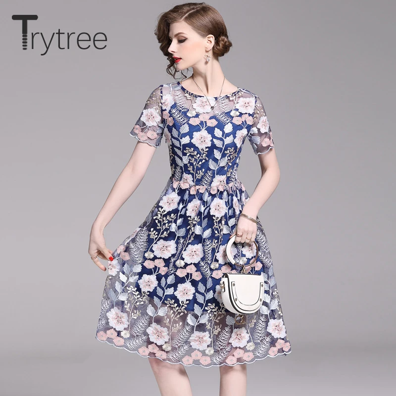 Trytree 2019 летнее повседневное Цветочное платье с вышивкой и О-образным вырезом из