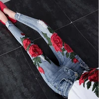 flower embroidered women jeans stretch elastic jeans pencil hole ripped rose pattern jeans plus size 25 31