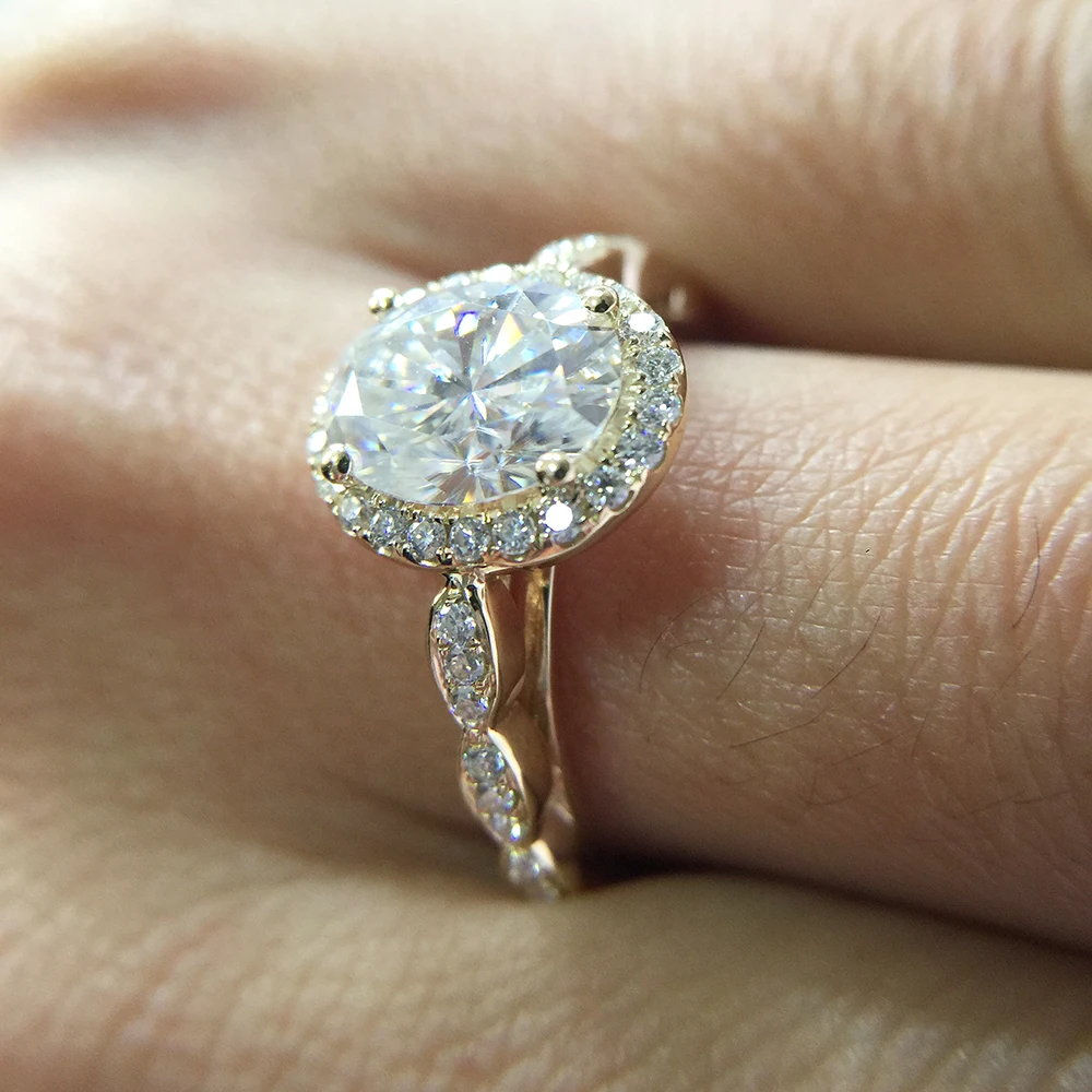 14K желтое золото Halo Moissanite кольцо 7x9 мм 2.0ct карат овальной огранки Brilliant обручальное