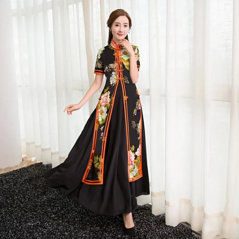 2017 Новый Черный AoDai Летнее Платье Китайский стиль Элегантный Qipao Стенд Ошейник С