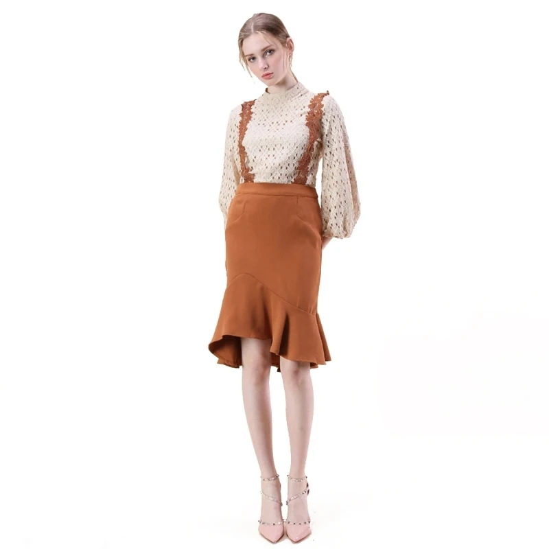 Misskoko Women Floral Lace Strap Solid Black Fishtail Skirt Office Lady High Low Frills Waist Bodycon | Женская одежда