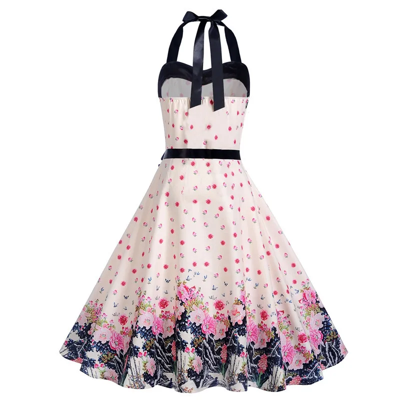 Robe Femme летнее платье модное винтажное платье с цветочным принтом и лямкой на шее 50s 60s ретро женские вечерние платья в стиле рокабилли Сарафан