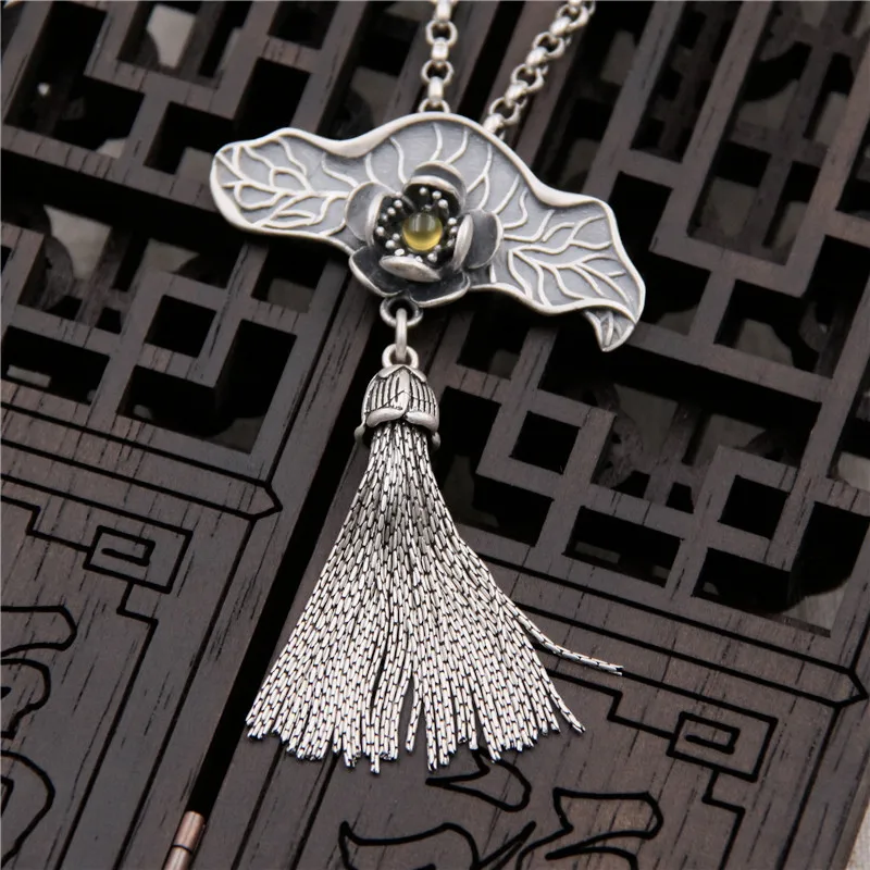 Silverplate S925 Sterling Silver Leaf Fringed Pendant Necklace Thai Silver National Wind Retro Sweater Chain Pendant