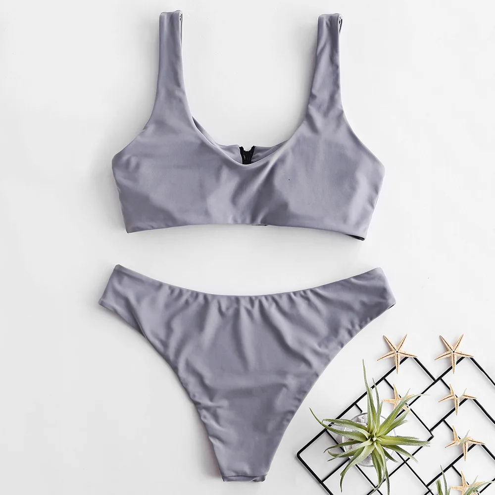 ZAFUL На застежке Tank Бикини Комплект Мягкий купальник Молнии Crop Top Твердые совок шеи Купальники Женщины Сексуальное Пуш Ап Купальник Бикини