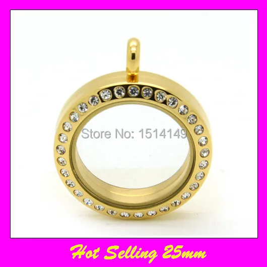 

Free shipping stainless steel floating lockets glass gold screw rhinestone floating locket 25mm