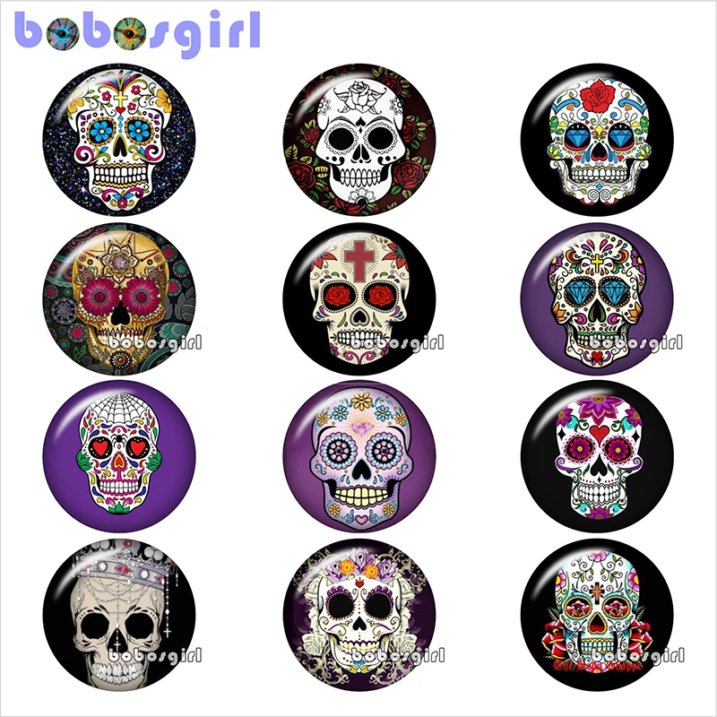 12pcs Mixed Set Череп Цветок Скелет стеклянная кнопка оснастки ювелирные изделия DIY Череп Скелет круглые фото Кабошоны с плоской обратной стороной TW1037 - Окраска металла: 12pcs Mixed Set
