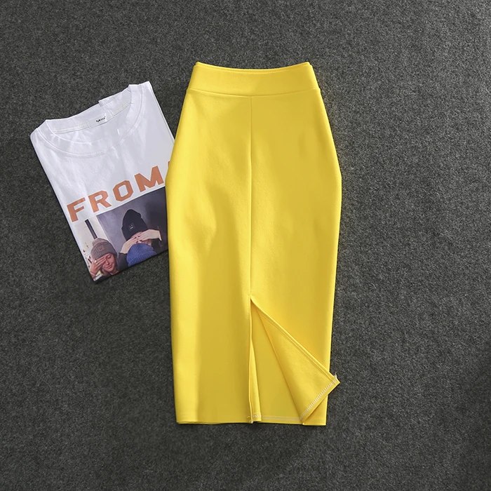 Цвет: желтый Women Pencil Skirt High Waist Solid Color Slim Office Skirt Casual Tight Package Hip One Step Skirt Pink Yellow Blue Hot 2495LY - Цвет: Цвет: желтый