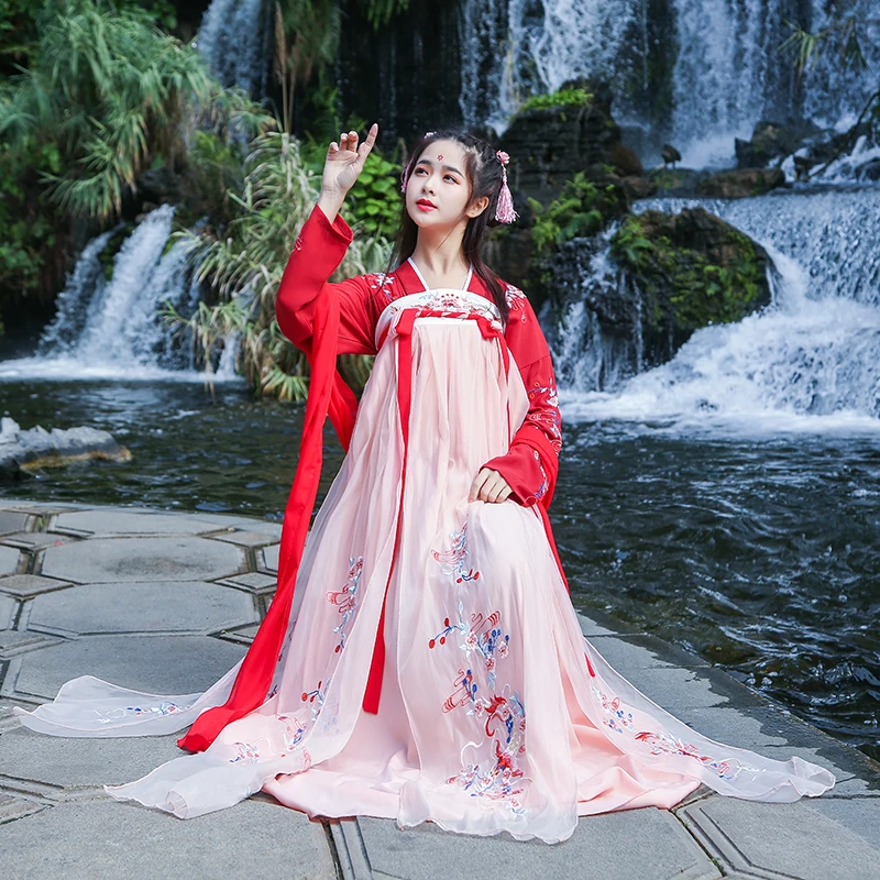 Новинка Hanfu красное платье Женская традиционная китайская юбка с вышивкой