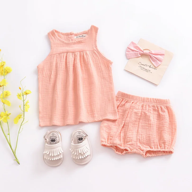 Летние костюмы для маленьких девочек детская одежда из хлопка и льна комплекты одежды для детей жилет для новорожденных топы+ шорты, одежда для малышей 0-4 лет