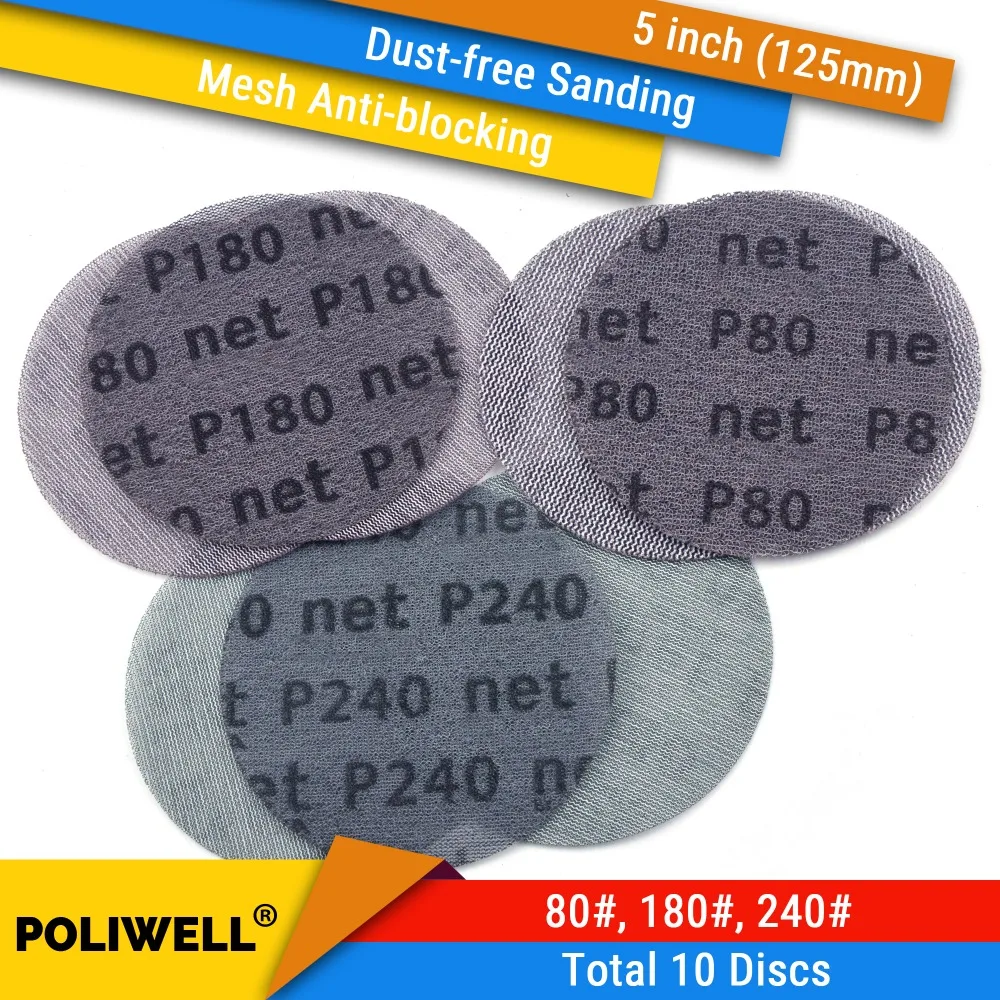 

Шлифовальные диски POLIWELL 10 шт., 5 дюймов, сетка, 80#/180#/240#