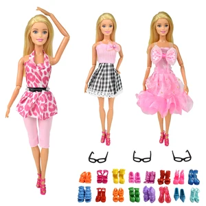 9 предметовкомплект, аксессуары для кукол, 3 шт. розовых платьев для кукол, 3 шт. очков и 3 случайных пары обуви для кукол, аксессуары для кукол, игрушки для девочек