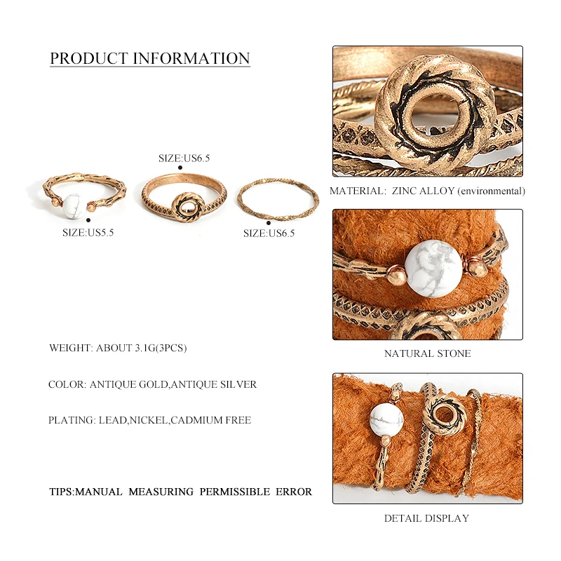 WILD &amp FREE старинных золотых Цвет узор белый камень кольцо на палец комплекты колец