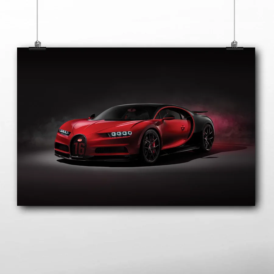 Картина в рамке HD с принтом Красного Bugatti Chiron супер спортивный автомобиль постер