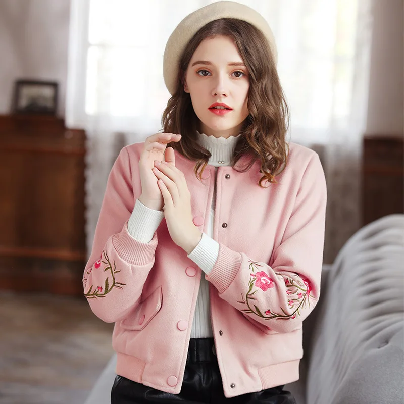 Sweet O-neck Short Wool Coat Covered Botton Blend and Jacket Embroidery Solid Women Coats Autumn Winter | Женская одежда