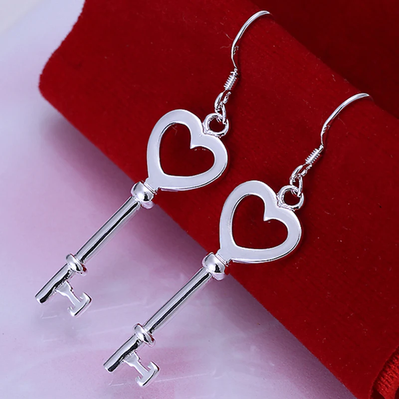 Fine Jewelry 925 Sterling Silver Charm Heart Key Drop Earrings For Women Fashion Free Shipping | Украшения и аксессуары