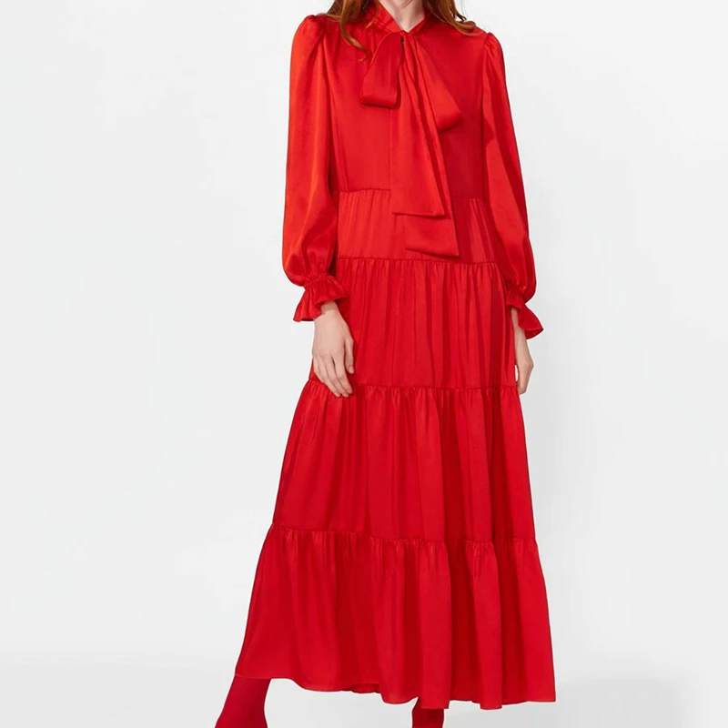 Женское винтажное длинное платье Za красное в пол с оборками и длинным рукавом