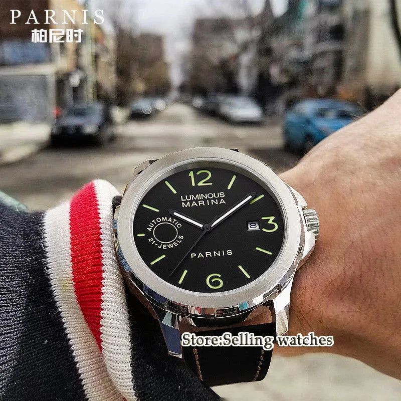 Мужские часы с черным циферблатом PARNIS 44 мм из нержавеющей стали суперсветящиеся