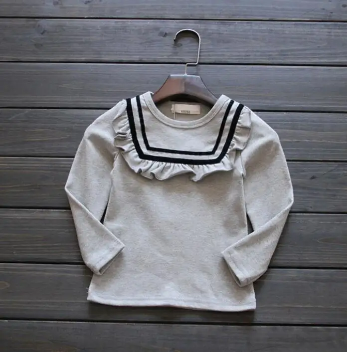 striped gray t shirt Г. Осенне-зимние футболки с оборками для малышей Топы с длинными рукавами и принтом, рубашки для девочек, одежда темно-синие базовые рубашки детская футболка JW6626 - Цвет: striped gray t shirt