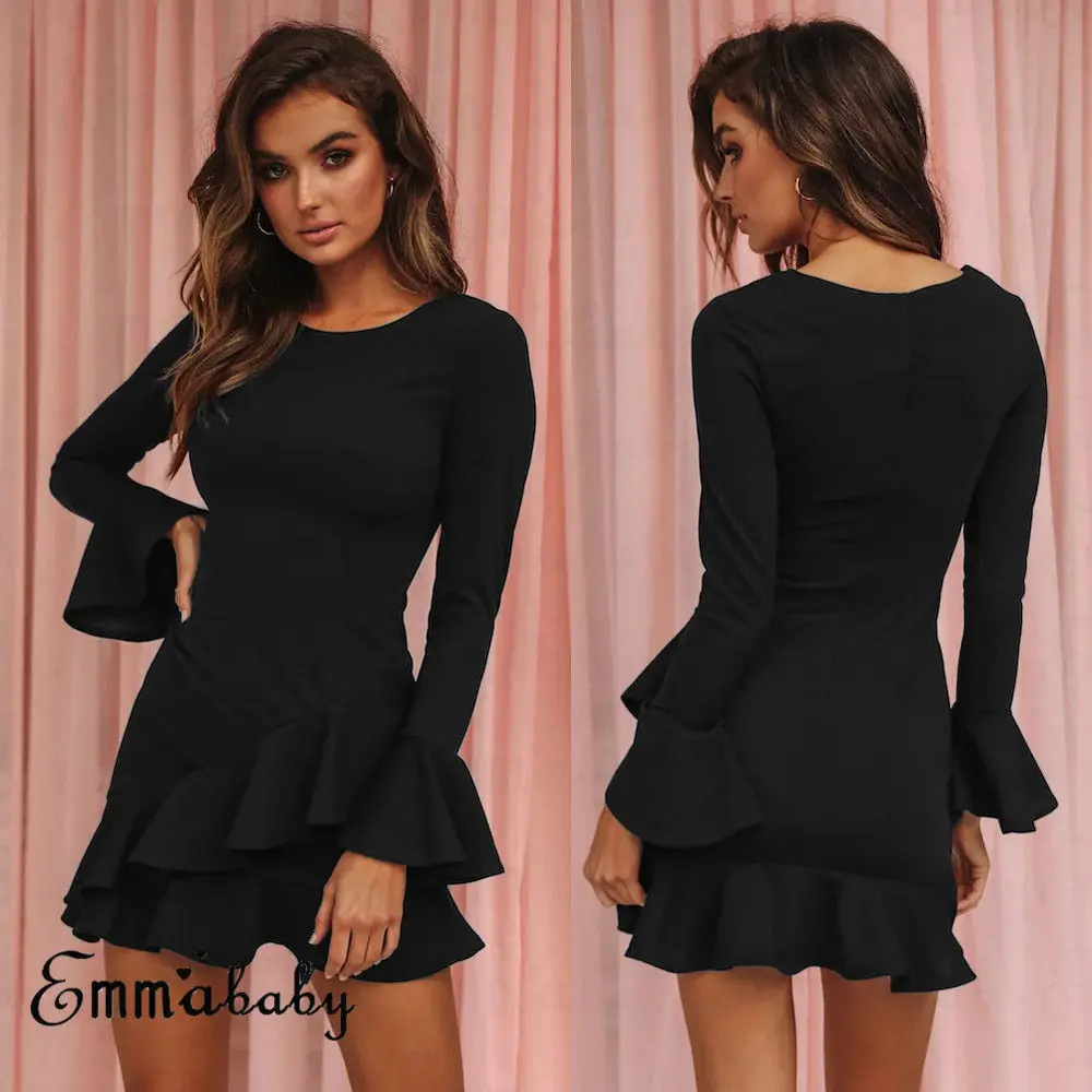 

Hirigin Ruffles Dress Pure Black Women Mini Dress Long Sleeve Slim Bodycon Dresses Sexy Summer Dress Women Outfits