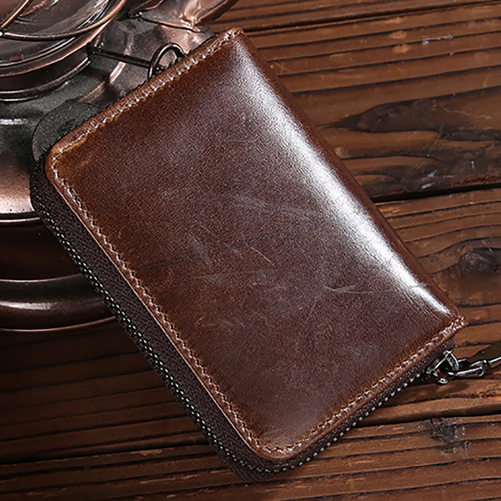 

Короткий кошелек из натуральной кожи для мужчин, винтажный бумажник двойного сложения на молнии с кармашком для мелочи, кредитницей, удосто...