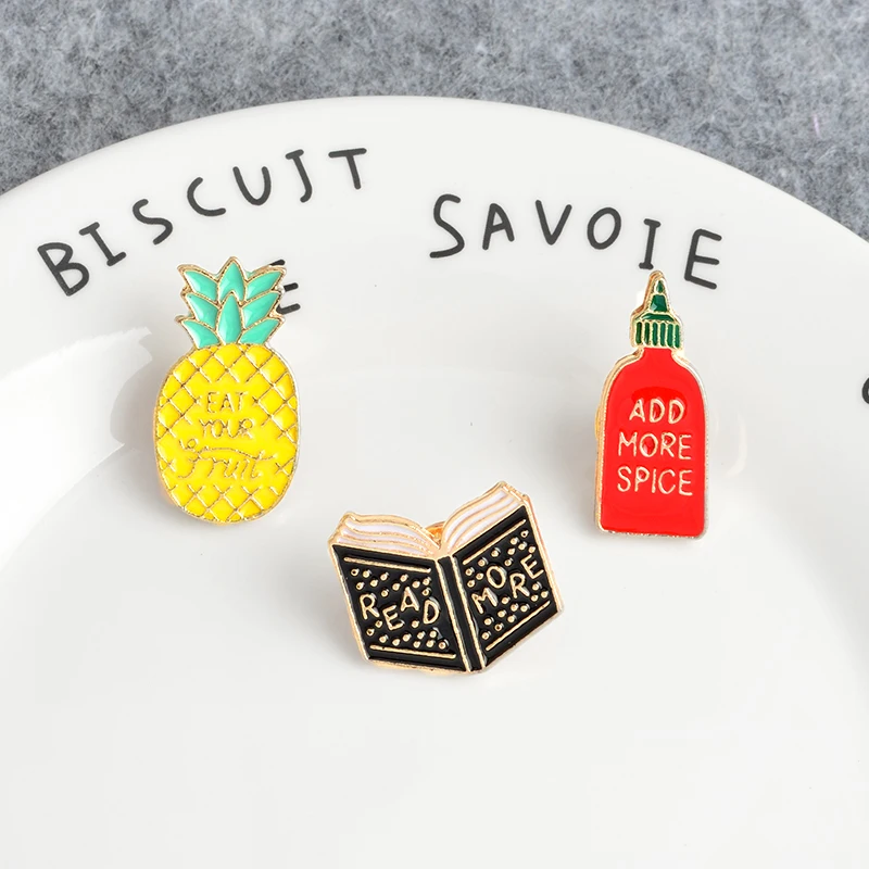 

3pcs/set Book pineapple spice bottle pins "READ MORE,ADD MORE SPICE,EAR YOUR FRUIT" badges Brooches pins For Women Men