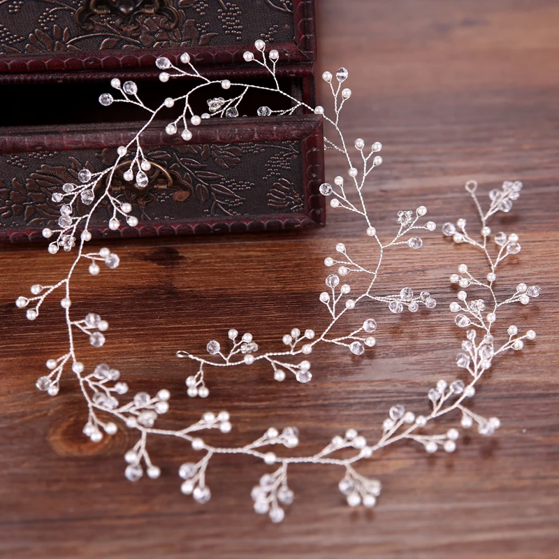 70cm Long Imitation Pearl Headband For Bridal Wedding Hair Jewelry Women Accessories Silver Color Headpiece | Украшения и