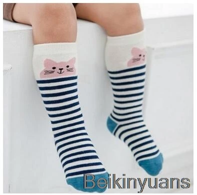 Blue cat slip Для новорожденных и детей ясельного возраста гольфы детские носки для девочки, мальчика с противоскользящим покрытием и очаровательными изображениями котенка/лисьи гетры носки для новорожденных теплые длинные носки до колена - Цвет: Blue cat slip