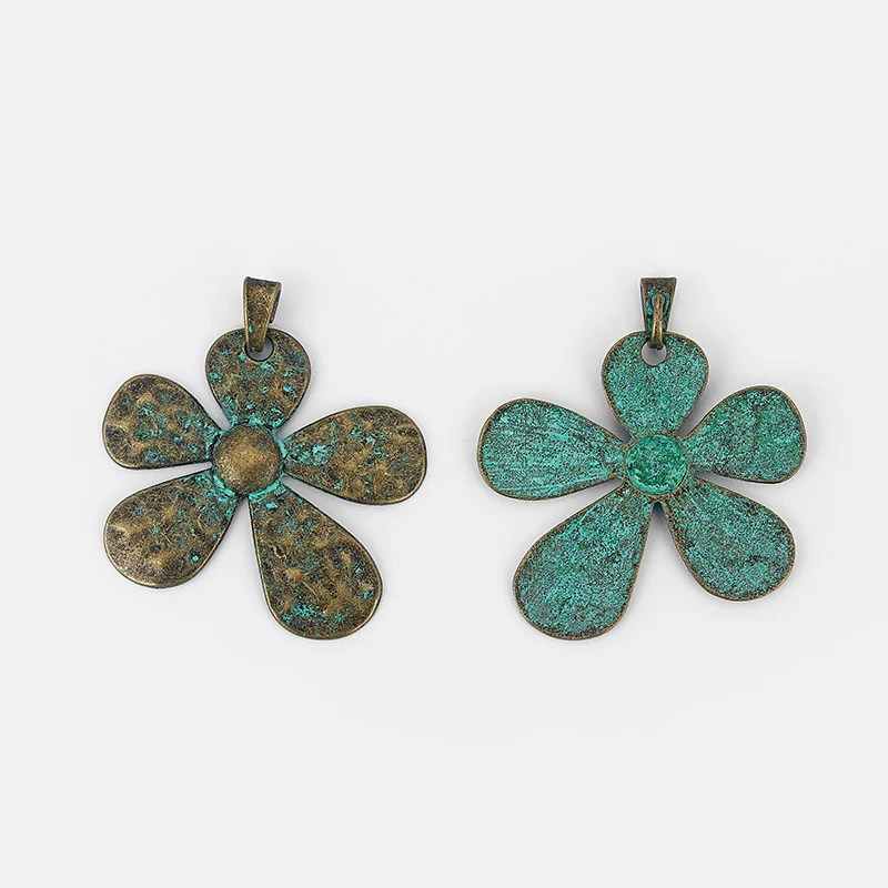 2pcs Patina Verdigris Large Abstract Flower Charms Hammered Pendant For Necklace Jewelry Making Findings Accessories 68*71mm | Украшения и