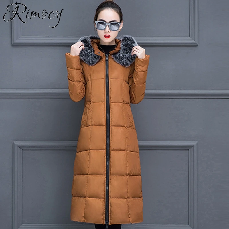 Rimocy 2019 Новинка зимы Длинные парки Женская мода меховой воротник пальто для