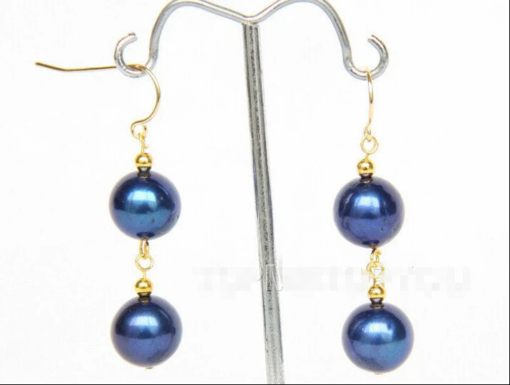 Круглые темно синие серьги с жемчугом 1 5 &quot12 мм 14KGP E2689|navy blue pearl earrings|pearl hook earringsnavy