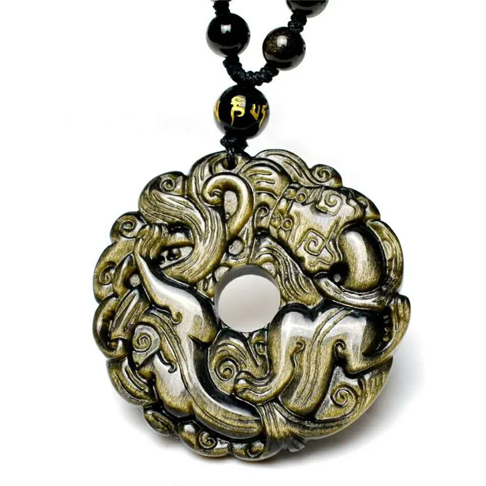 Genuine Natural Gold Obsidian Carving Pixiu Lucky Amulet Pendant Necklace For Women Men pendant | Украшения и аксессуары