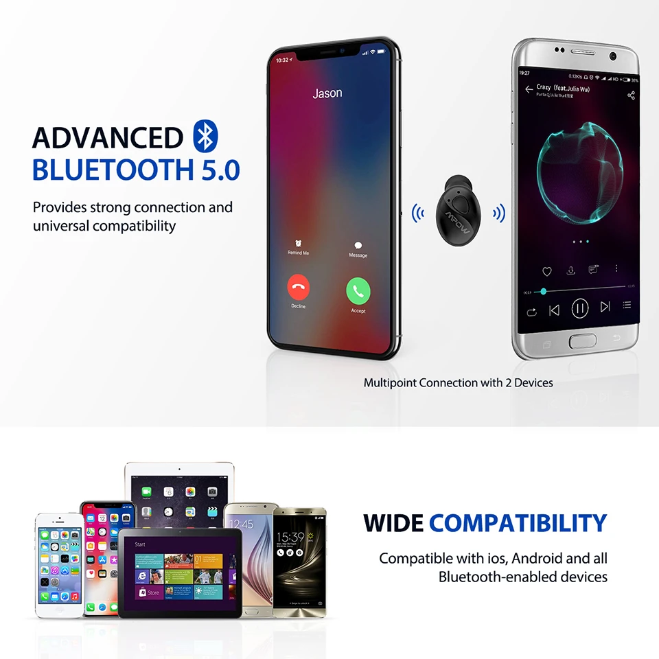Оригинальные Mpow EM14, Bluetooth наушники, одиночные беспроводные наушники, громкая связь, Мини Bluetooth 5,0, гарнитура с микрофоном для бизнеса
