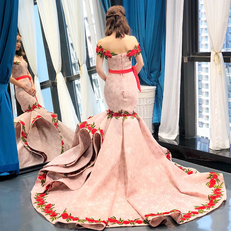J66737 jancember mermaid evening dress V-neck off the shoulder floor length with train ladies party dress vestido de soiree 2019