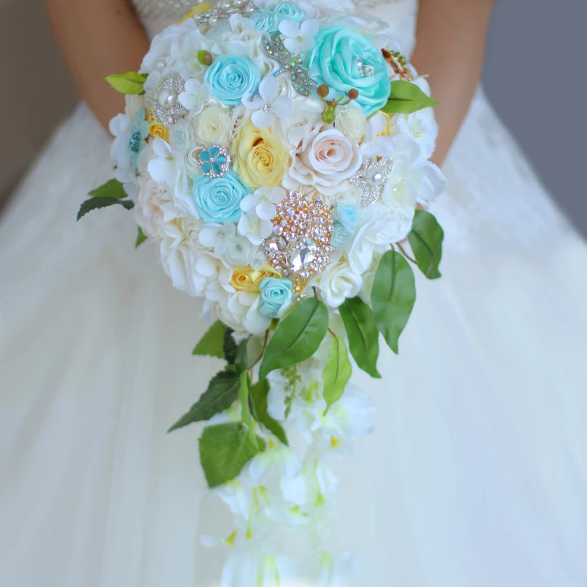 

Wedding Bouquet Bridal Waterfall style bouquet Immortalized Rose bouquet Ivory & Yellow Mint Green DIY Bride 's Brooch Bouquets