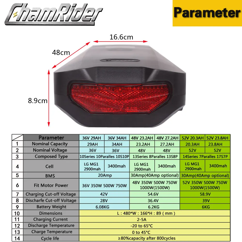 Camrider задняя стойка батарея двухслойный багаж Перевозчик 36 в 48 52 20A 30A 40A BMS 350 Вт 1500