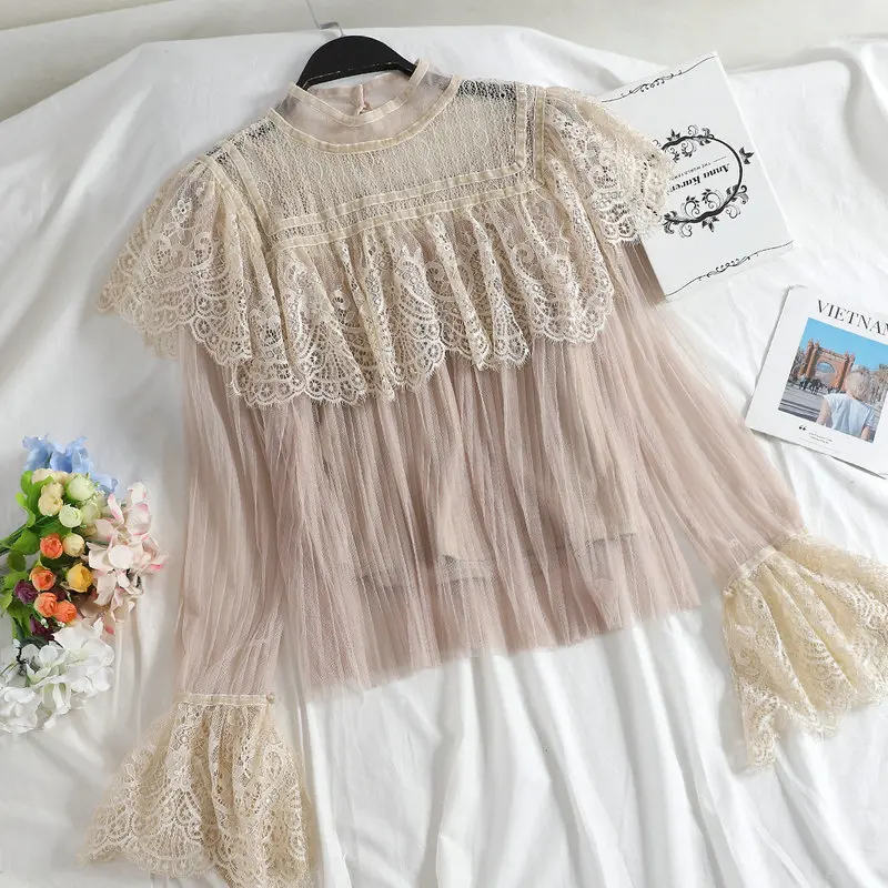 Women Shirts Женская рубашка с расклешенными рукавами, повседневная, новая, Лоскутная, открытая, кружевная, Цветочная, марлевая, сетчатая, вуаль, пуловер, плиссированная блузка, топы - Цвет: Women Shirts