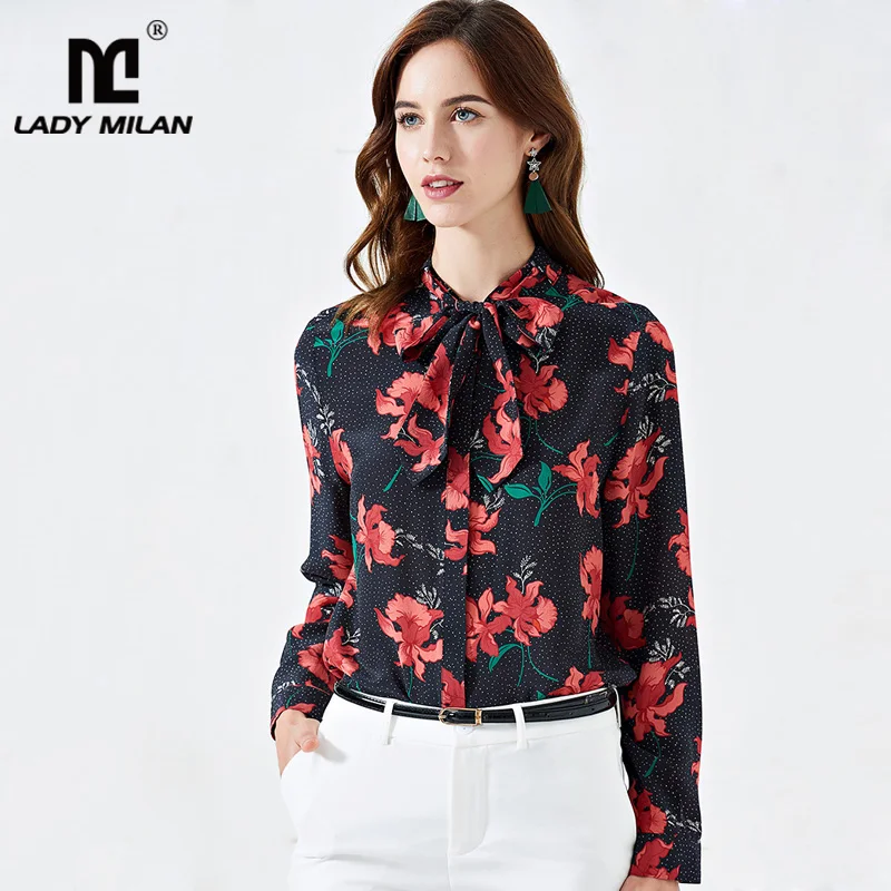 Рубашка женская из 100% шелка с бантом длинным рукавом и цветочным принтом 2019 |
