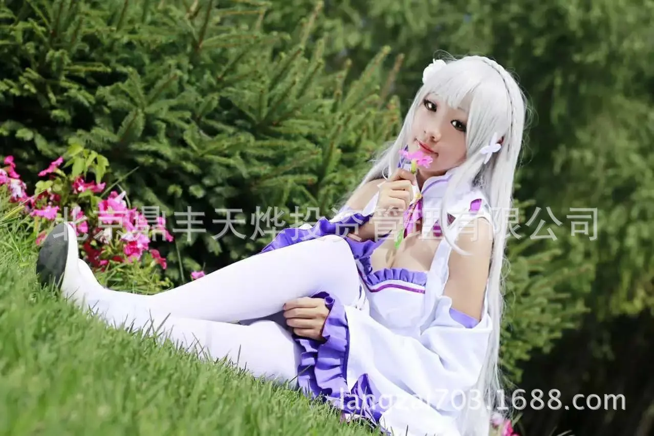 Re Zero Hajimeru Isekai Seikatsu Emilia, парики, костюмы для косплея, женское платье с головным убором для Хэллоуина, вечерние