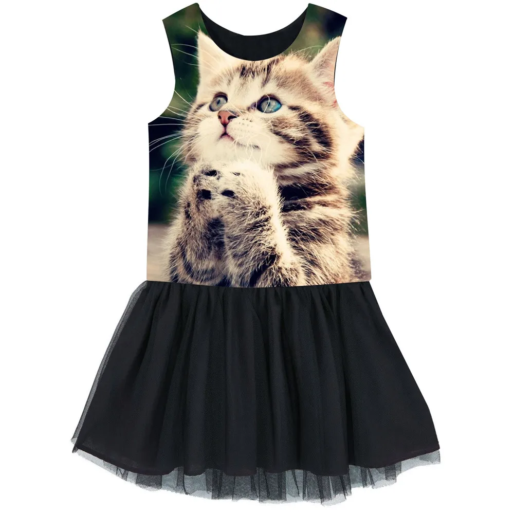 Girls dress Animal Pray for the cat Dress sleeveless Costumes For Kids Casual Comfortable Clothes fashion Black | Детская одежда и