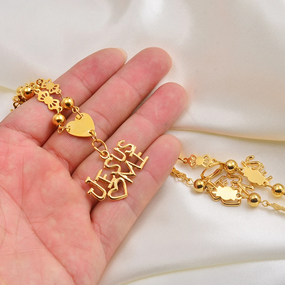 Ожерелье и серьги Anniyo Бог Иисус кулон бусы набор для женщин золотой цвет