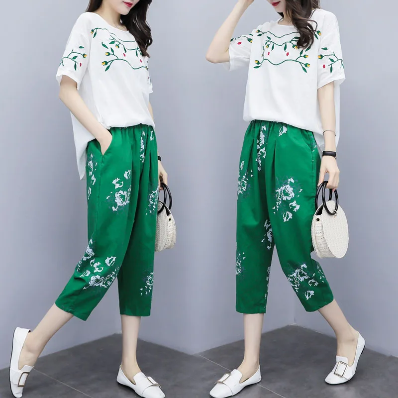 Женский комплект из 2 предметов топ и брюки хлопковый конопляной ткани Femme Deux Pieces