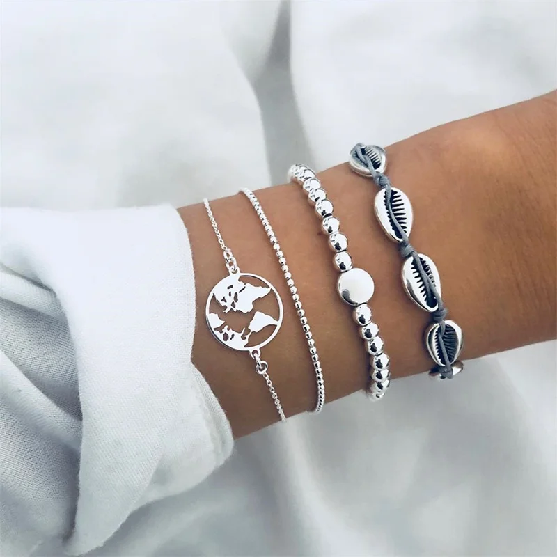 

VKME fashion silver plated charm beads bracelet ladies new bohemian shell world map bracelet pearl fashion jewelry ladies gift