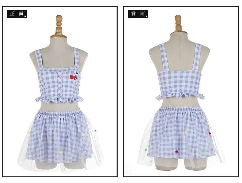 

Japanese Literary art girl bikini (3 Pcs / lot ) Blue and white lattice Mori Girl swimsuit