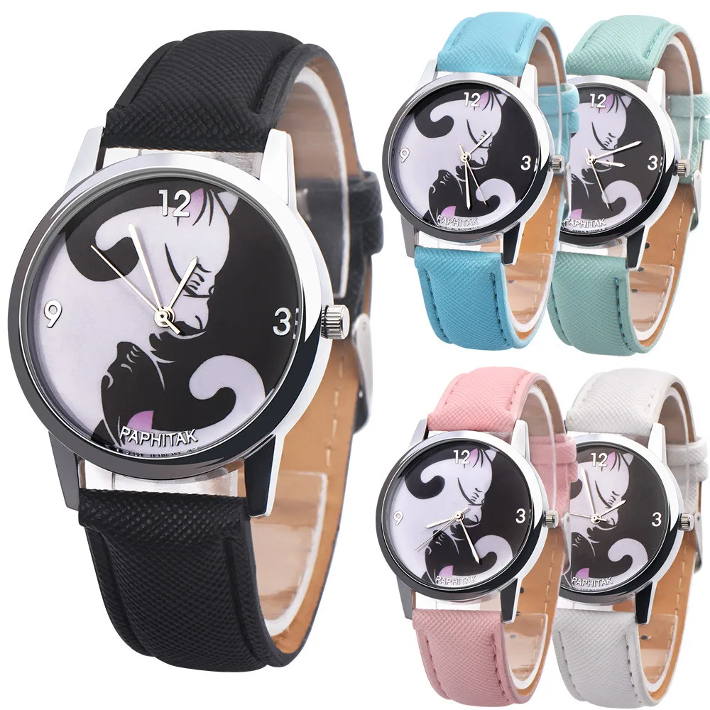 Модные женские часы с милым рисунком кота кожаным ремешком аналоговые кварцевые
