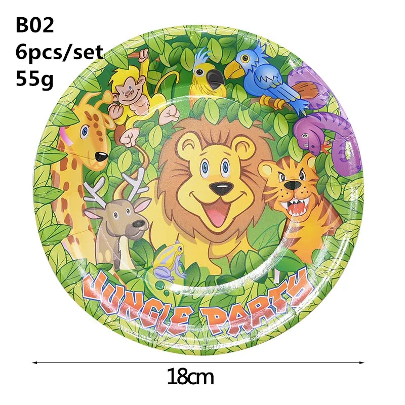 B02-6pcs 7inch plate Джунгли вечерние сафари милые животные Дети мальчик ребенок душ тема вечерние Декор чашки тарелка соломы с днем рождения одноразовые столовые приборы набор - Цвет: B02-6pcs 7inch plate
