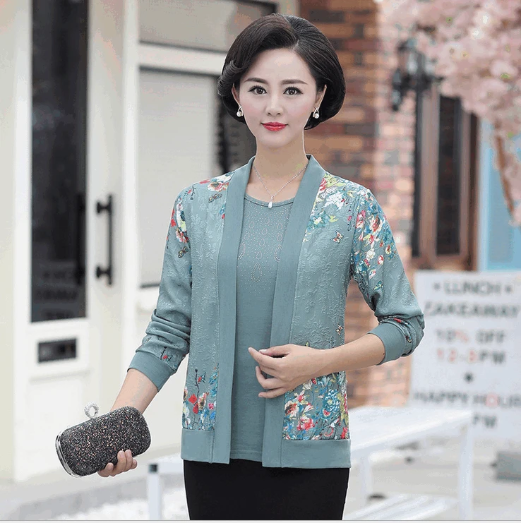 green 1238 Комплект из двух предметов, женские футболки, весна-осень, новая мода размера плюс, средний возраст, футболка для матерей, рубашка, костюм с принтом, топы - Цвет: green 1238
