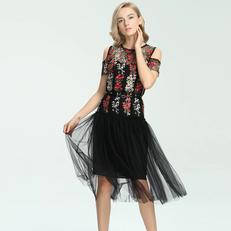 Lerfey цветок платье с вышивкой Женские сетчатые черные винтажные открытыми плечами летние платья пикантные