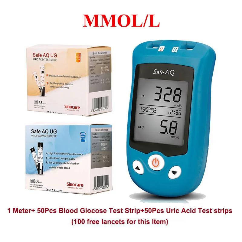 MMOL L Meter 50U50G SINOCARE 3C CE безопасный AQ UG мочевой кислоты крови и глюкометр в крови+ U поездки G поездки быстрое использование и тестирование для подагры пациентов - Цвет: MMOL L Meter 50U50G