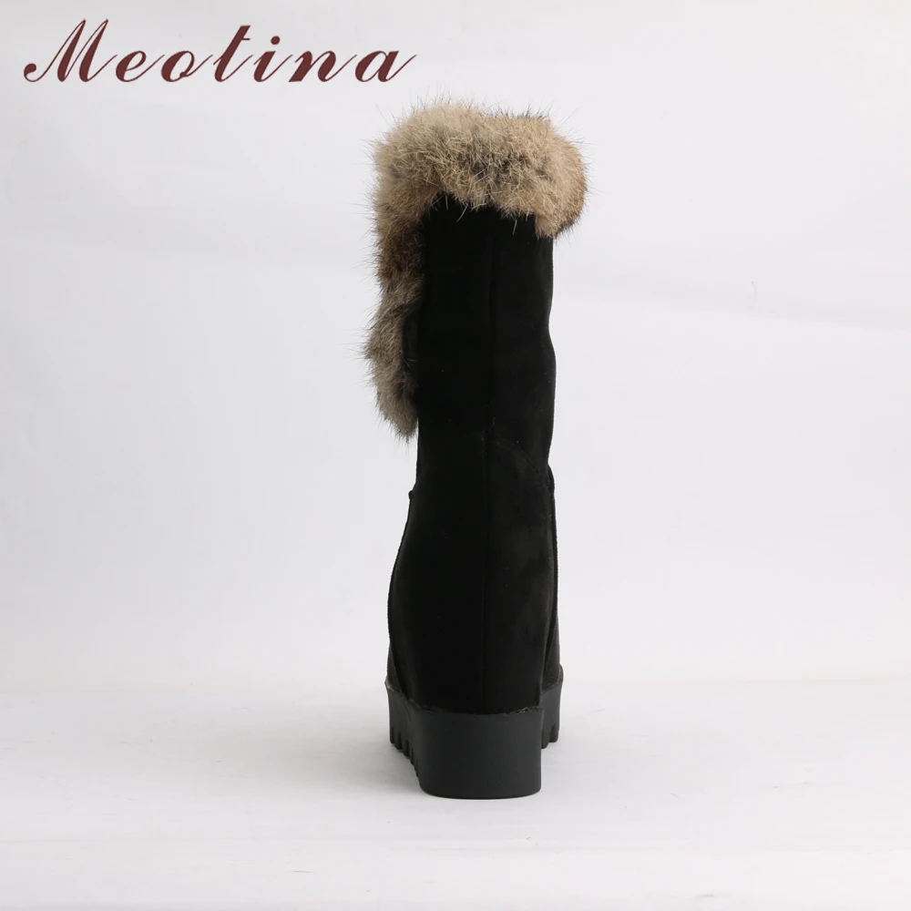 Meotina/зимние сапоги; женская зимняя обувь; плюшевые сапоги на платформе и танкетке; сапоги до середины икры с натуральным кроличьим мехом; обувь, увеличивающая рост