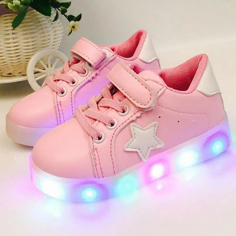 Детская Обувь светящиеся кроссовки мода звезды led для девочек принцессы Милая